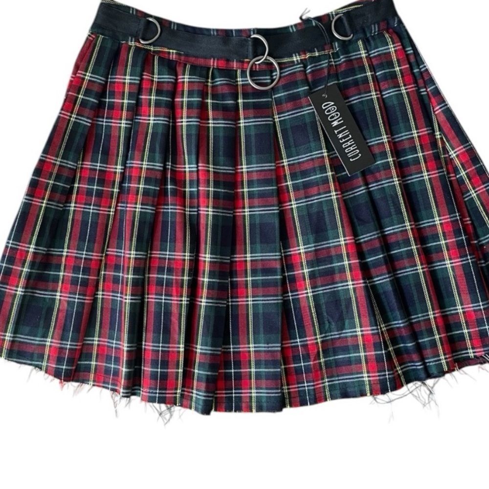 Current Mood Dollskill Red /Navy Tartan Pleated Mini Skirt Ring Belt extra large